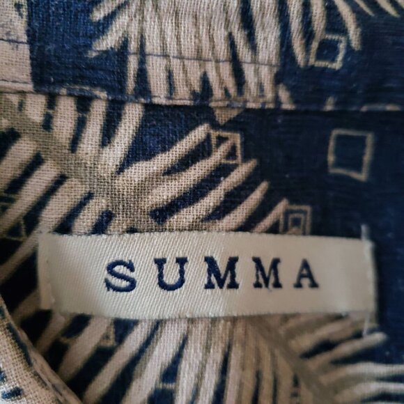 Summa Men Size XL 100% Silk Hawaiian Aloha Shirt Blue with Tan Leaf & Fern Print - Picture 3 of 5